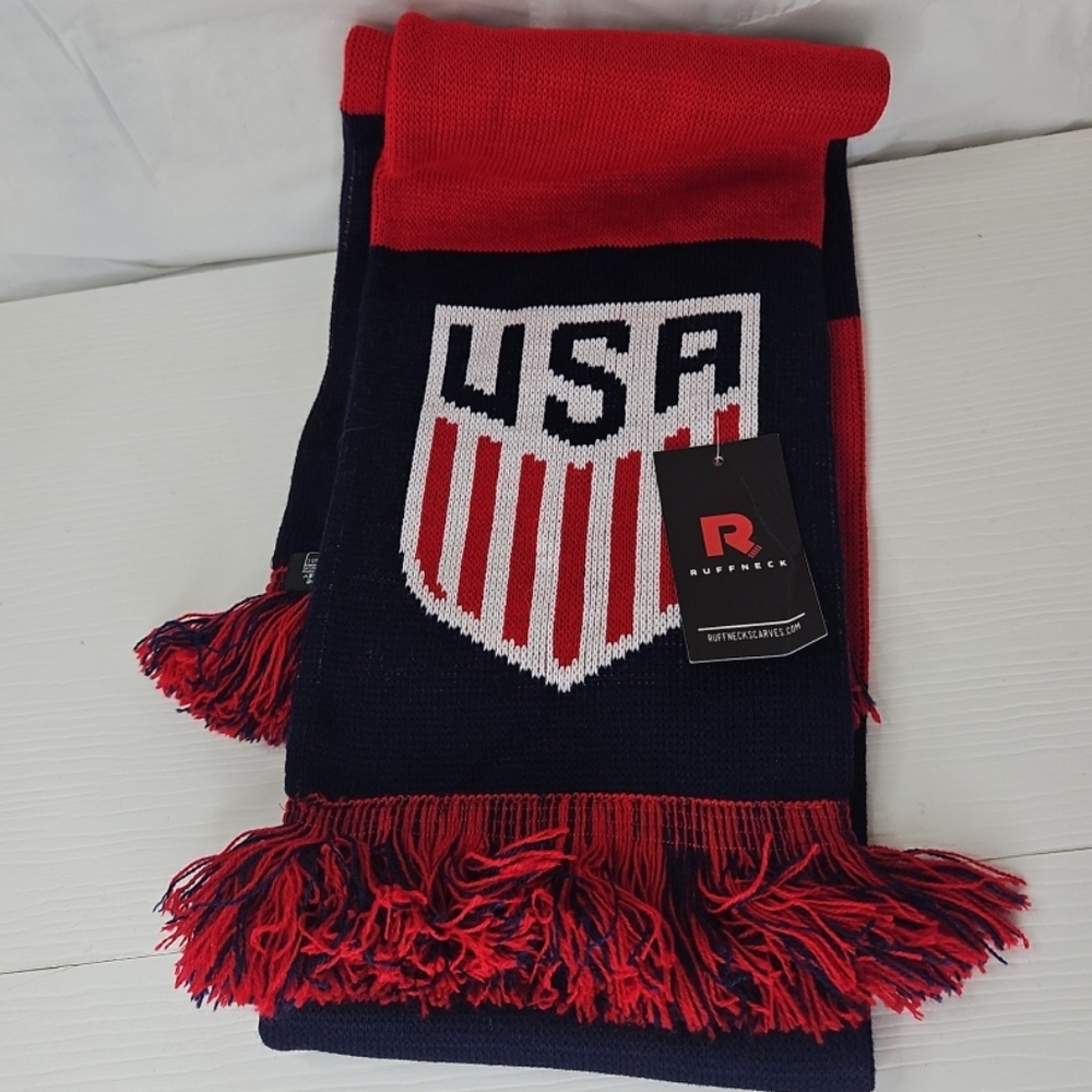USA Ruffneck Raise Your Game Knitting Scarf reversible FRINGED scarf  Red Blue